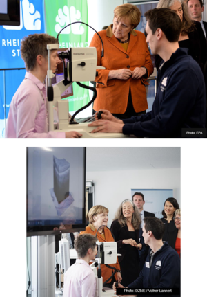 The director of the Rhineland Study, Prof. Monique Breteler, and her team show German Chancellor Angela Merkel how imaging with the SPECTRALIS can depict neuronal changes. 